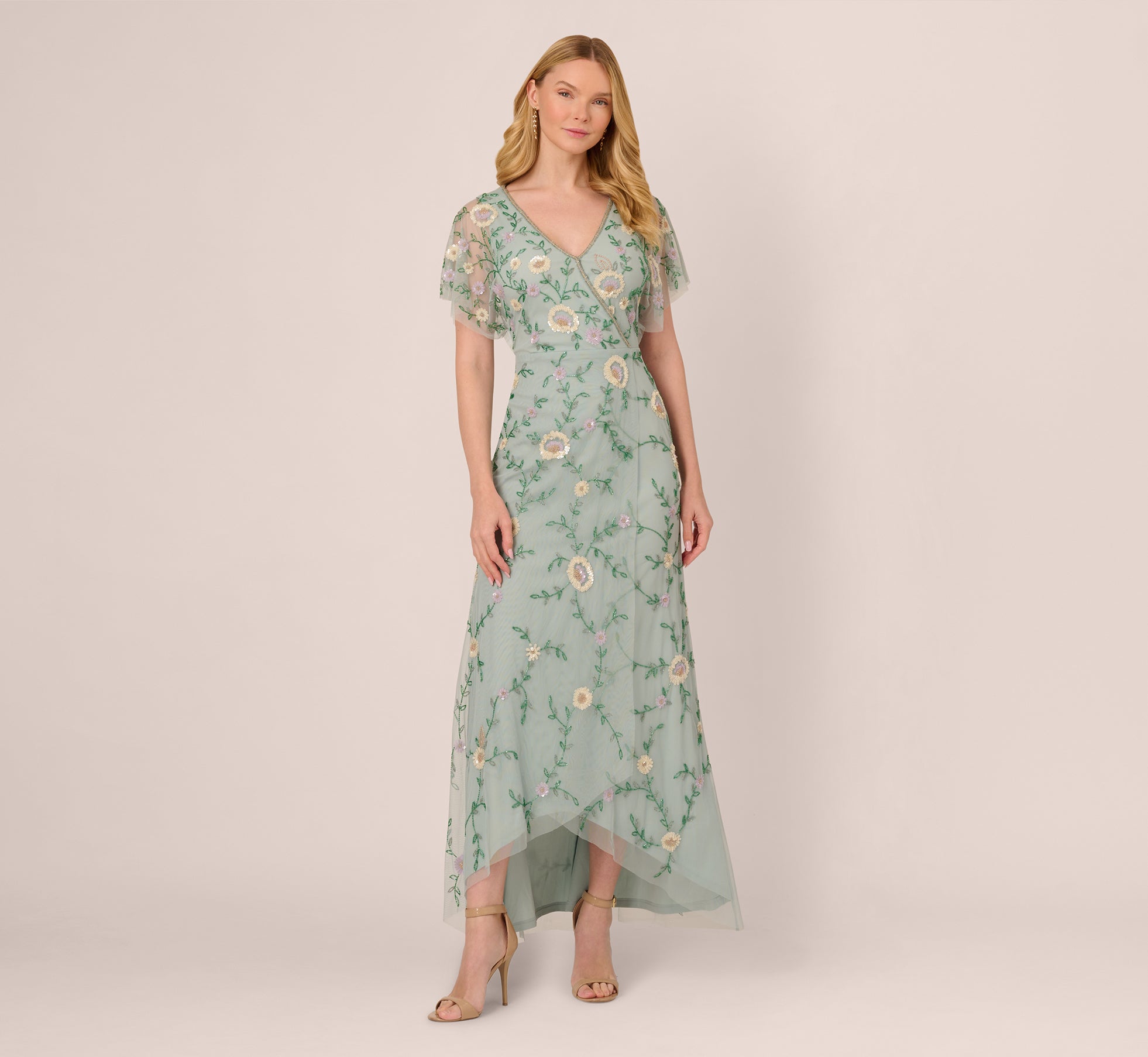 Flutter Sleeve Beaded Wrap Dress In Aqua Dust