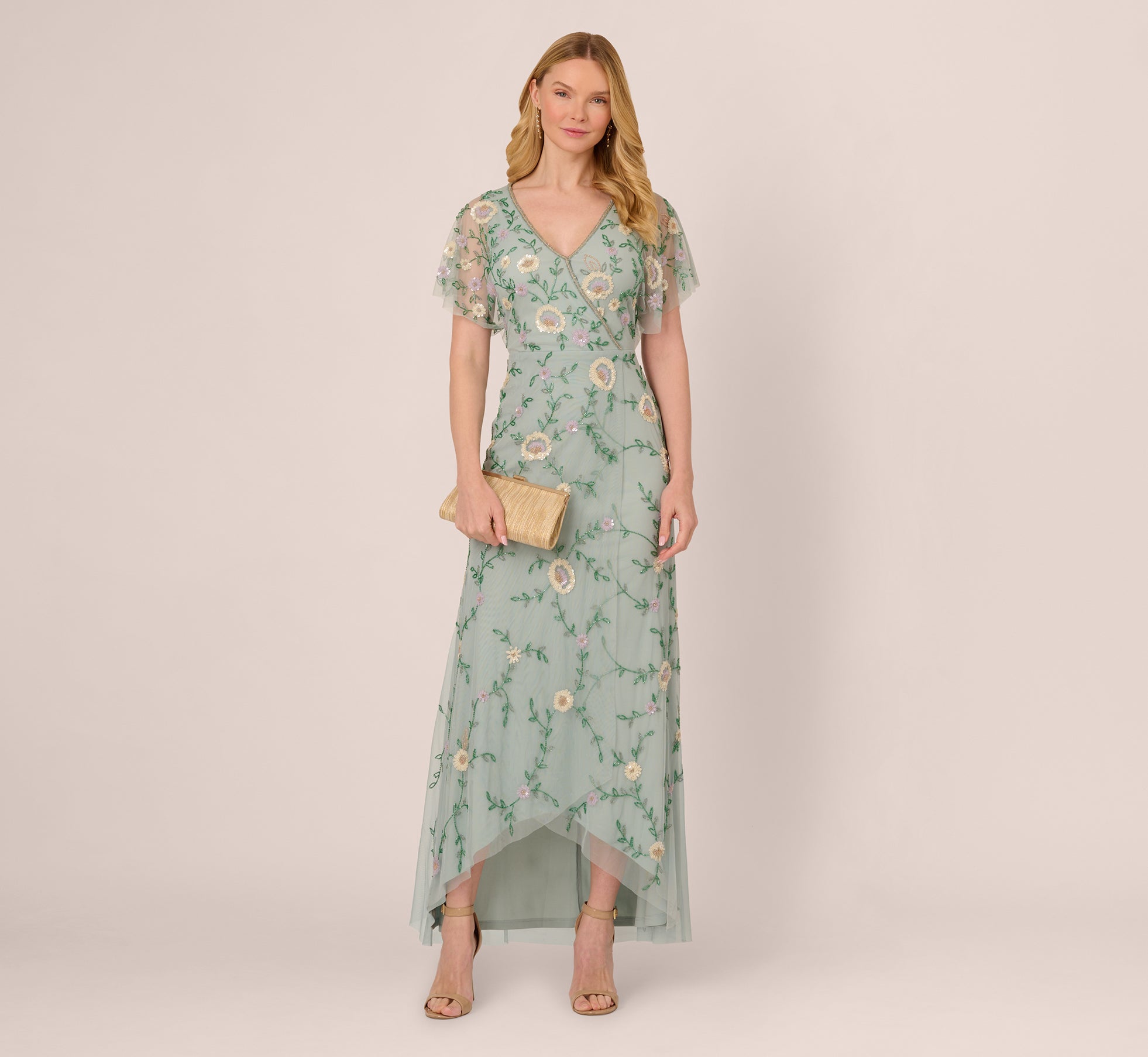 Flutter Sleeve Beaded Wrap Dress In Aqua Dust