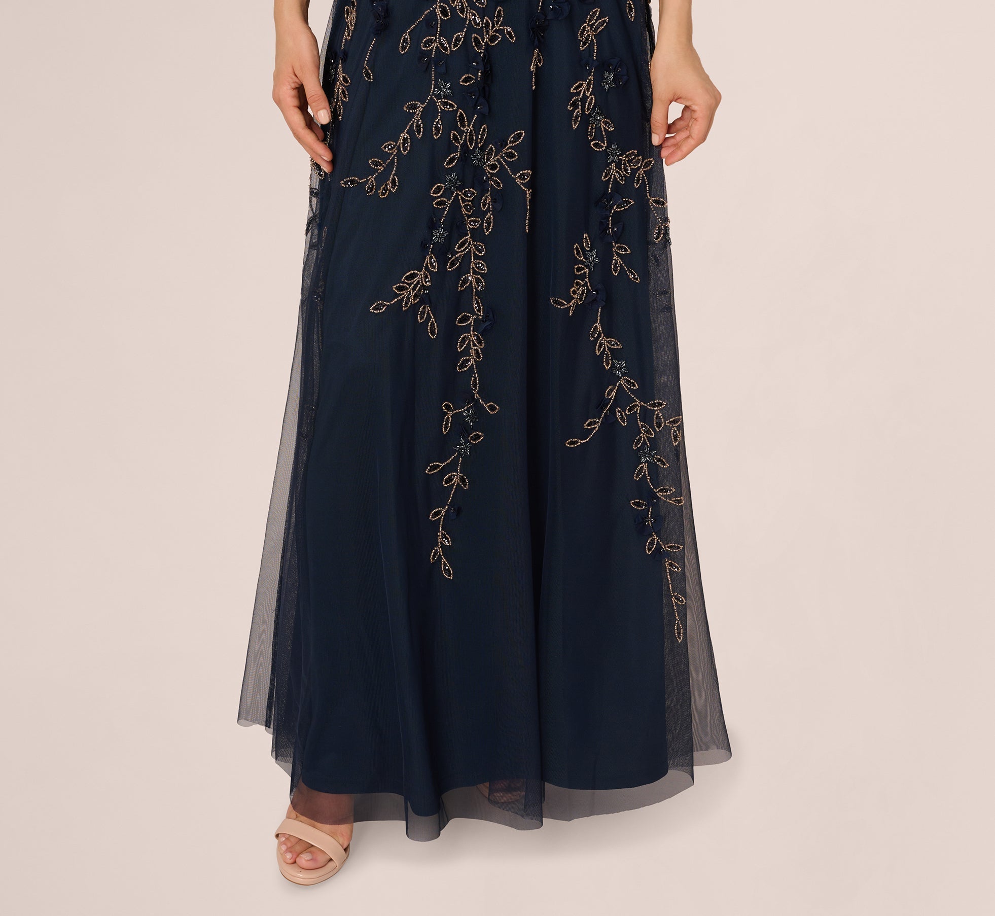 Beaded 3D Petal Halter Gown In Navy Rosegold