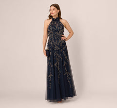 Beaded 3D Petal Halter Gown In Navy Rosegold