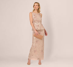 Sleeveless Beaded Peplum Dress In Shell