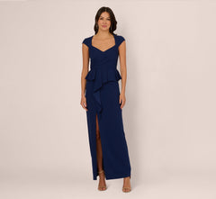 Cap Sleeve Draped Peplum Gown In Navy Sateen