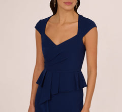 Cap Sleeve Draped Peplum Gown In Navy Sateen