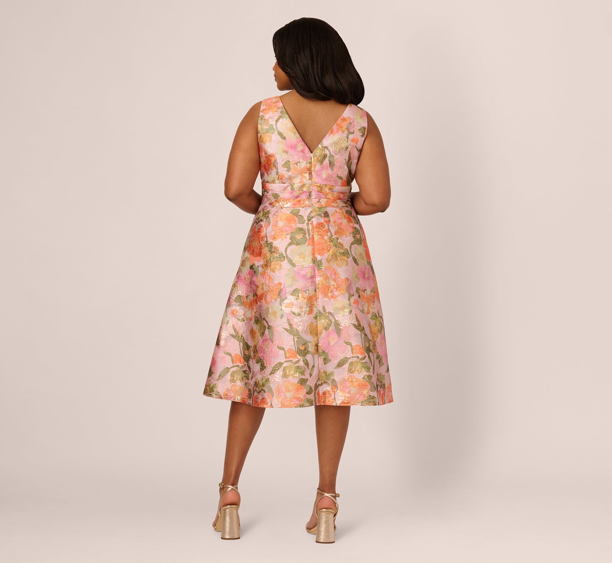 Plus Size Metallic Floral Jacquard Midi Dress In Yellow Orange Multi