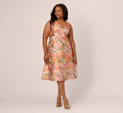 Plus Size Metallic Floral Jacquard Midi Dress In Yellow Orange Multi