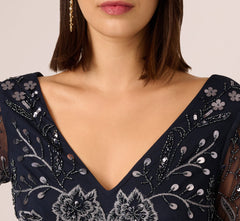 Split Sleeve Floral Beaded Gown In Navy Gunmetal