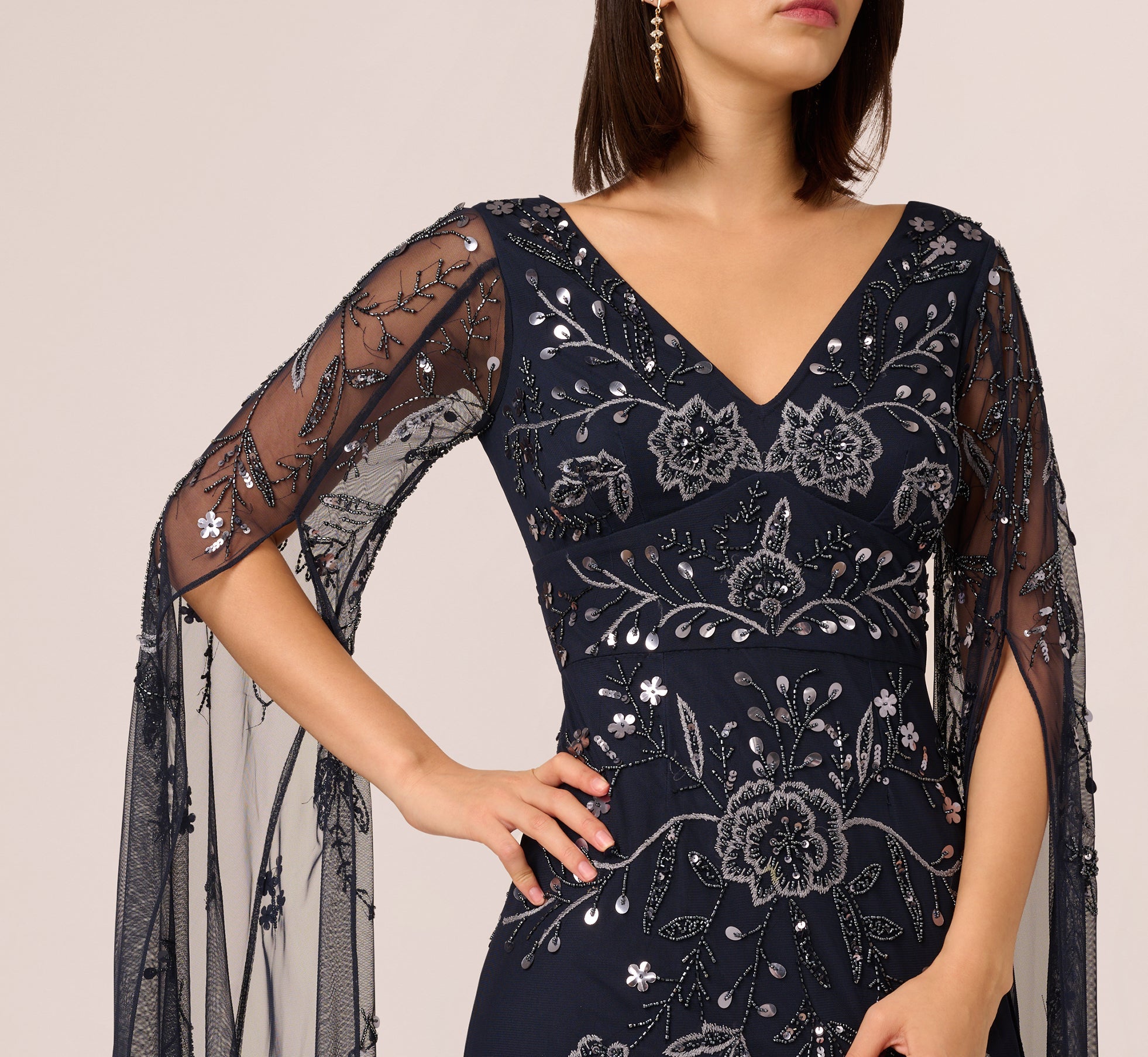 Split Sleeve Floral Beaded Gown In Navy Gunmetal