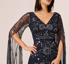 Split Sleeve Floral Beaded Gown In Navy Gunmetal
