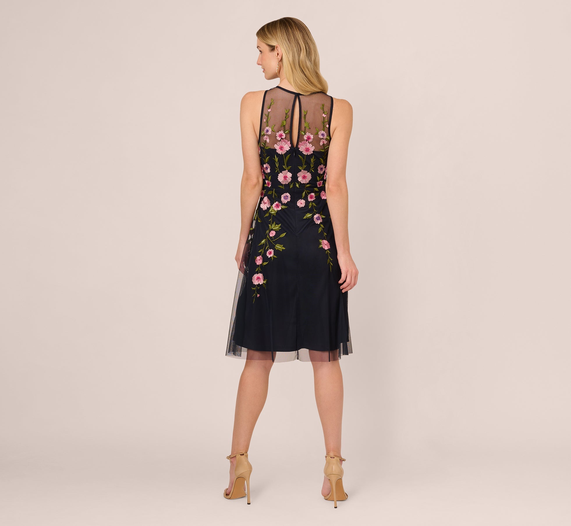 Floral Embroidered Illusion Midi Dress In Midnight Multi