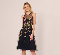 Floral Embroidered Illusion Midi Dress In Midnight Multi