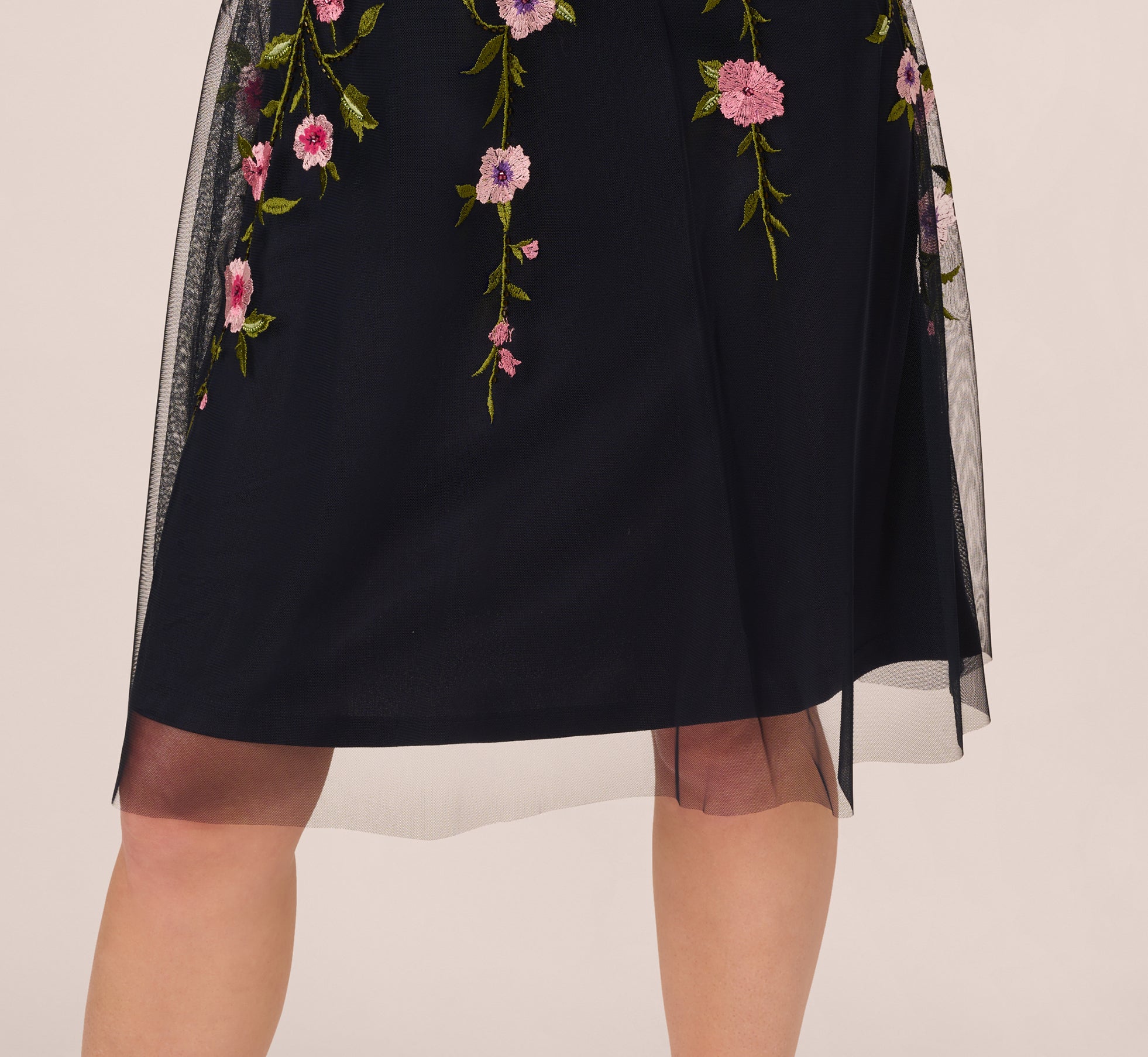 Floral Embroidered Illusion Midi Dress In Midnight Multi