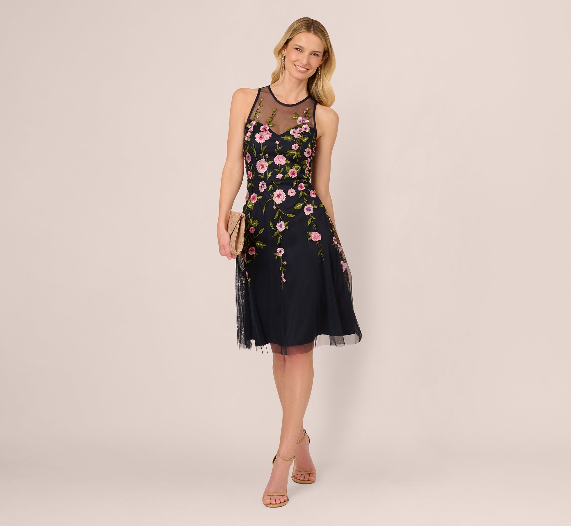 Floral Embroidered Illusion Midi Dress In Midnight Multi