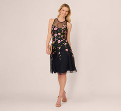 Floral Embroidered Illusion Midi Dress In Midnight Multi