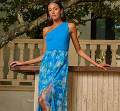 One Shoulder Watercolor Combo Gown In Blue Multi