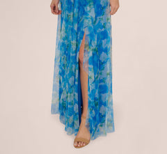One Shoulder Watercolor Combo Gown In Blue Multi