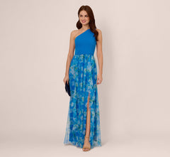 One Shoulder Watercolor Combo Gown In Blue Multi