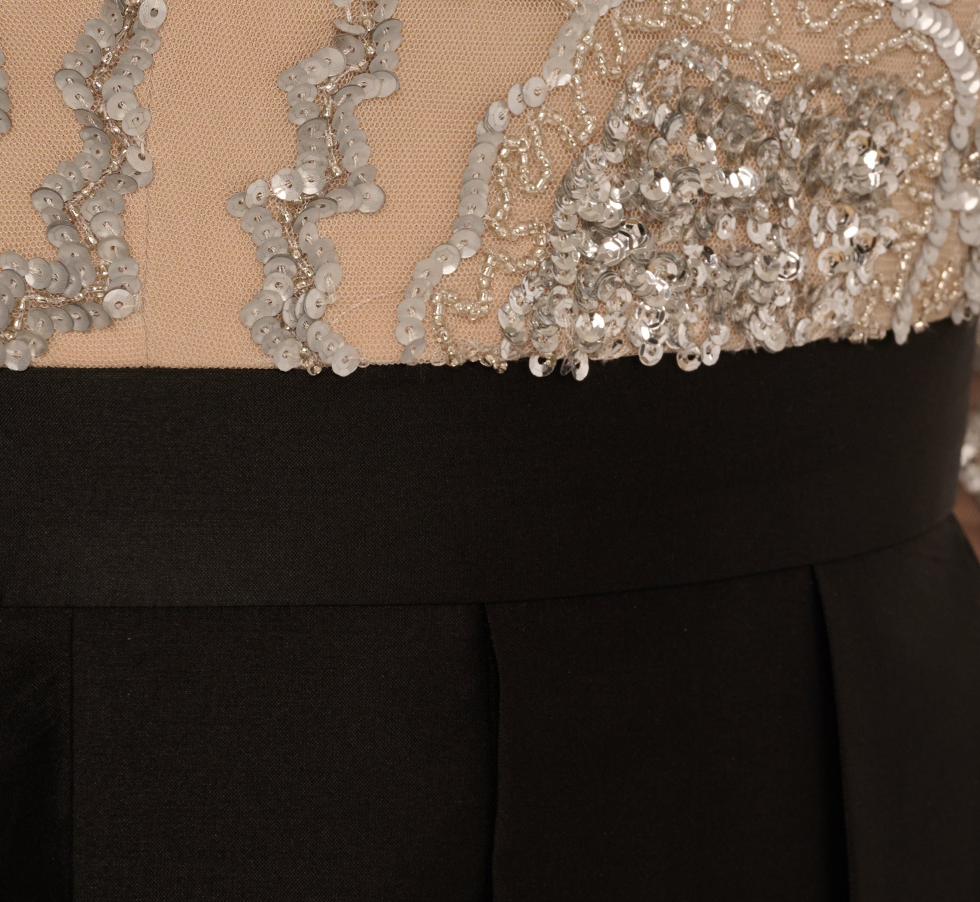 Three Quarter Sleeve Beaded Taffeta Combo Gown In Black Silver