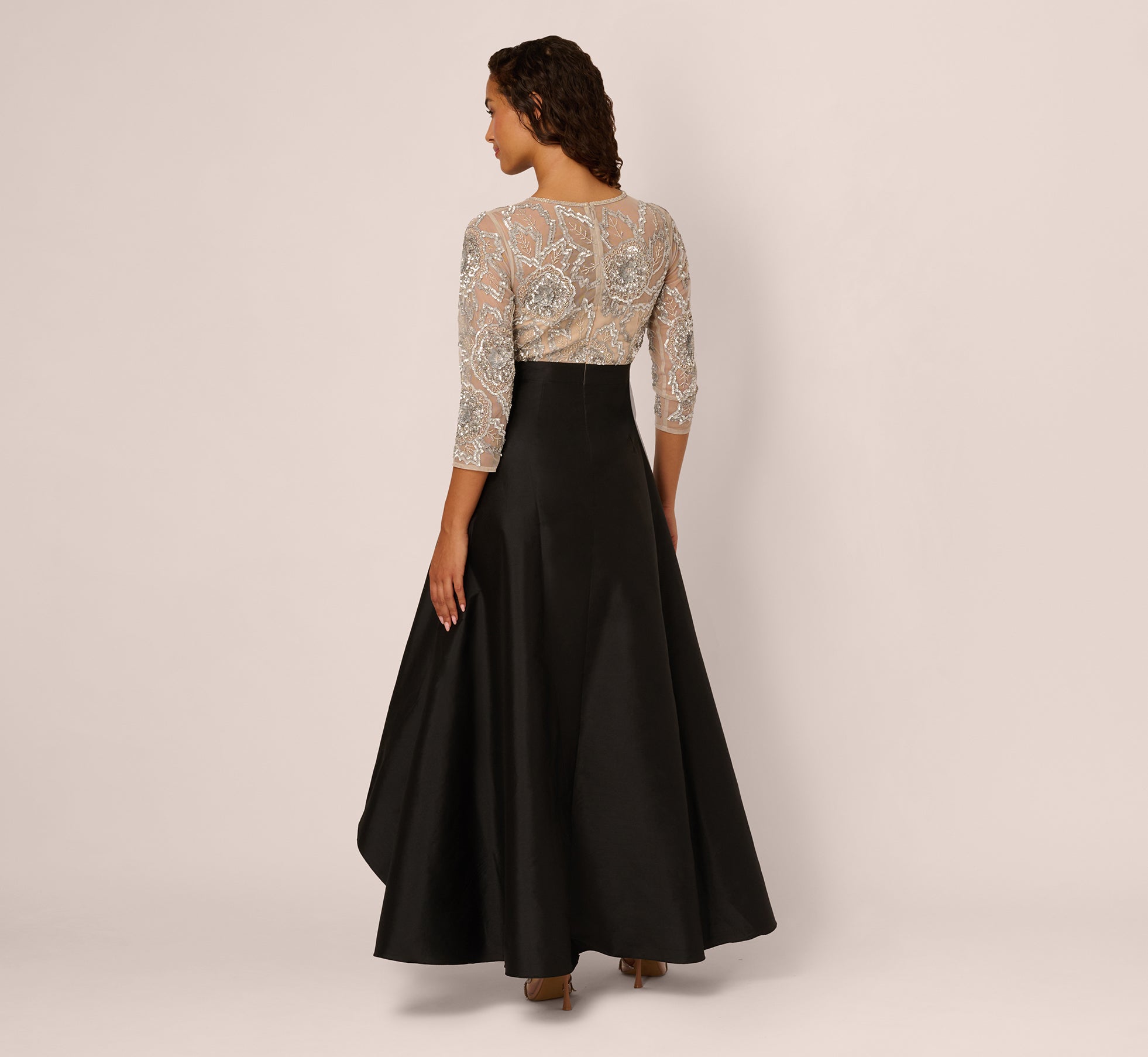 Three Quarter Sleeve Beaded Taffeta Combo Gown In Black Silver