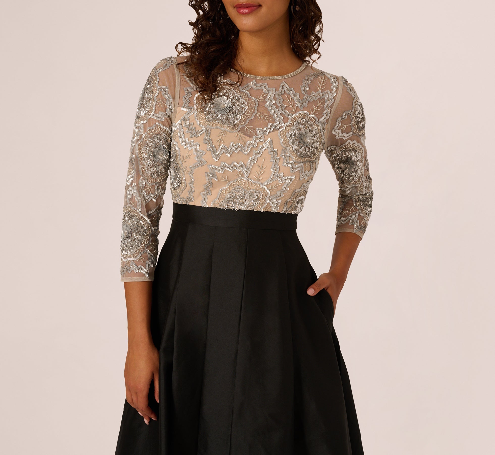 Three Quarter Sleeve Beaded Taffeta Combo Gown In Black Silver