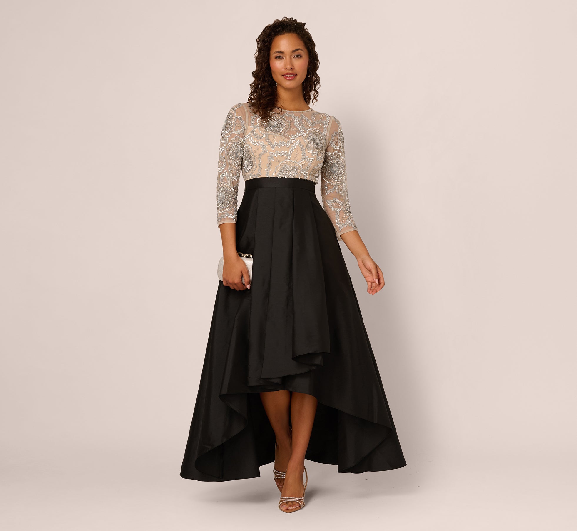 Three Quarter Sleeve Beaded Taffeta Combo Gown In Black Silver