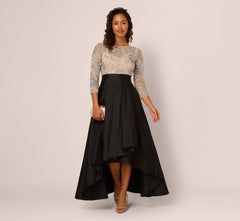 Three Quarter Sleeve Beaded Taffeta Combo Gown In Black Silver
