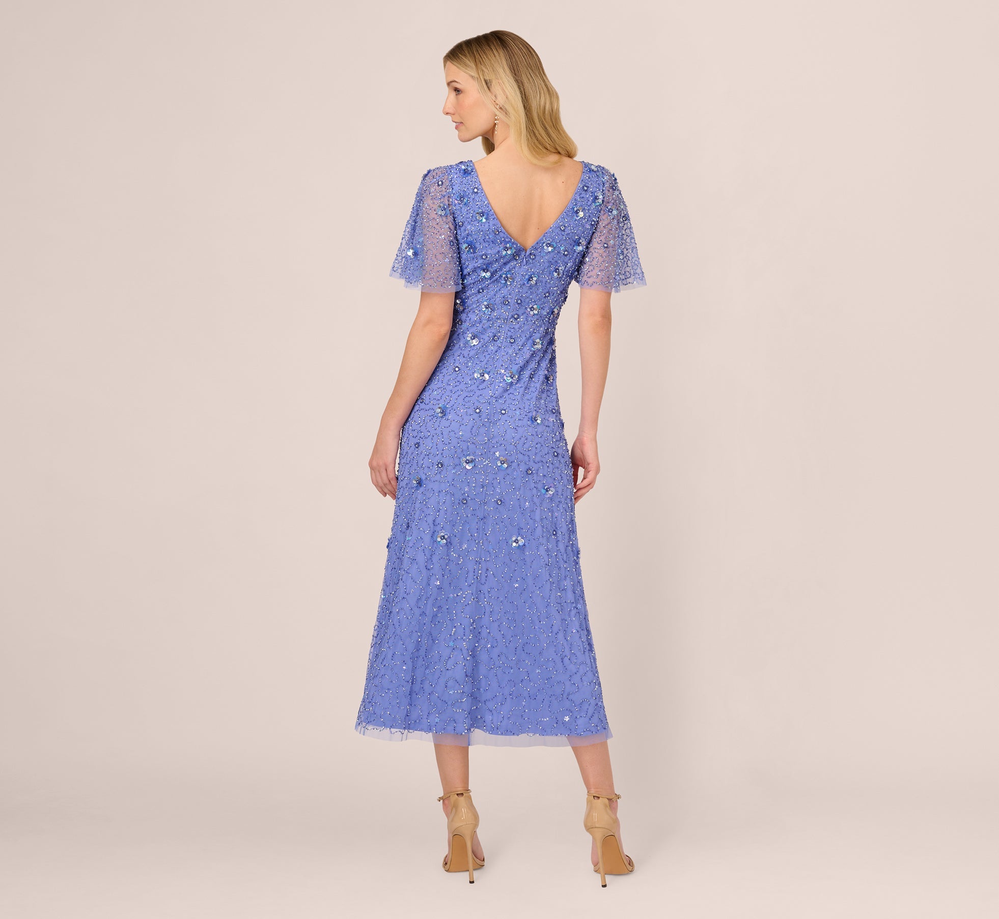Beaded Mesh Flutter Sleeve Midi Dress In Peri Blue