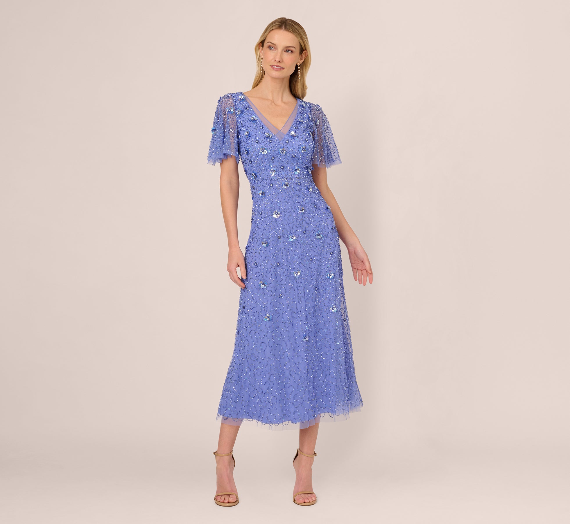 Beaded Mesh Flutter Sleeve Midi Dress In Peri Blue