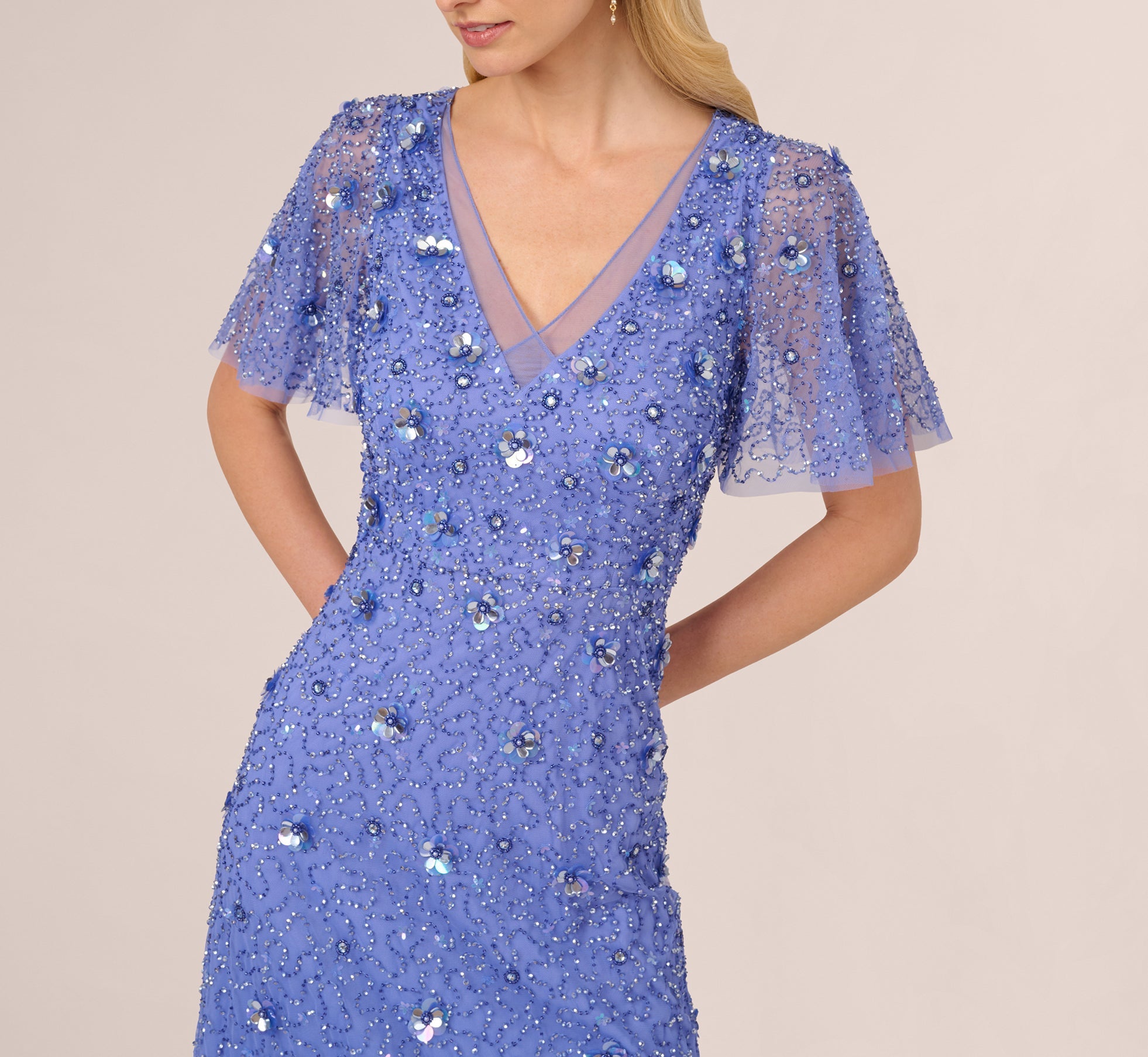 Beaded Mesh Flutter Sleeve Midi Dress In Peri Blue