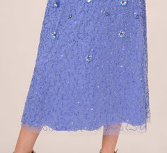 Beaded Mesh Flutter Sleeve Midi Dress In Peri Blue