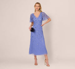 Beaded Mesh Flutter Sleeve Midi Dress In Peri Blue