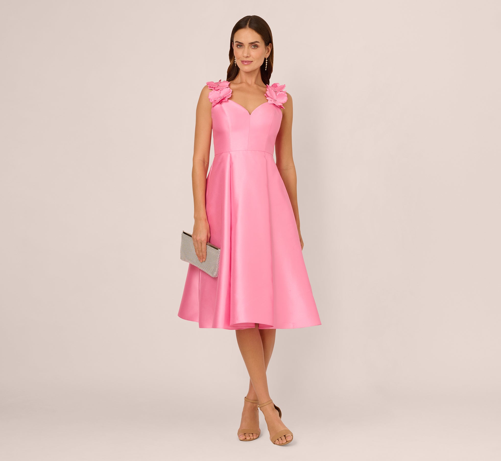 Sleeveless Mikado 3D Floral Fit And Flare Midi Dress In Cherry Blossom