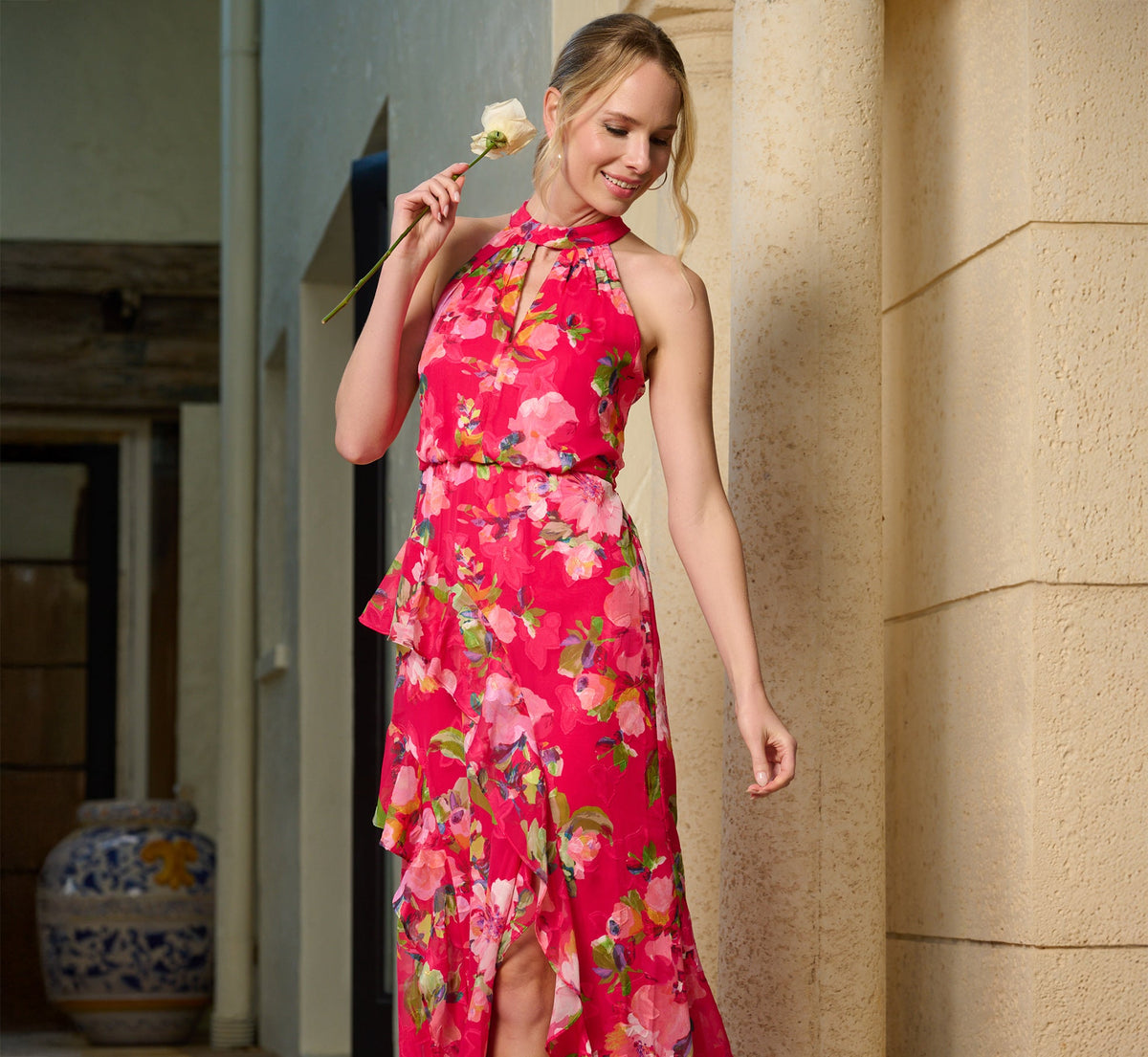 Floral Chiffon Keyhole Halter Maxi Dress In Pink Multi