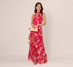 Floral Chiffon Keyhole Halter Maxi Dress In Pink Multi