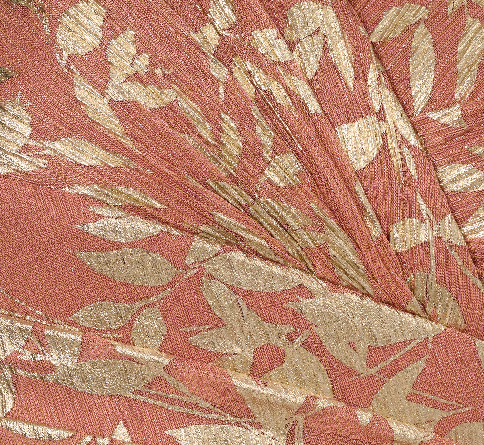 Flutter Sleeve Draped Foil Leaf Midi Dress In Coral Gold