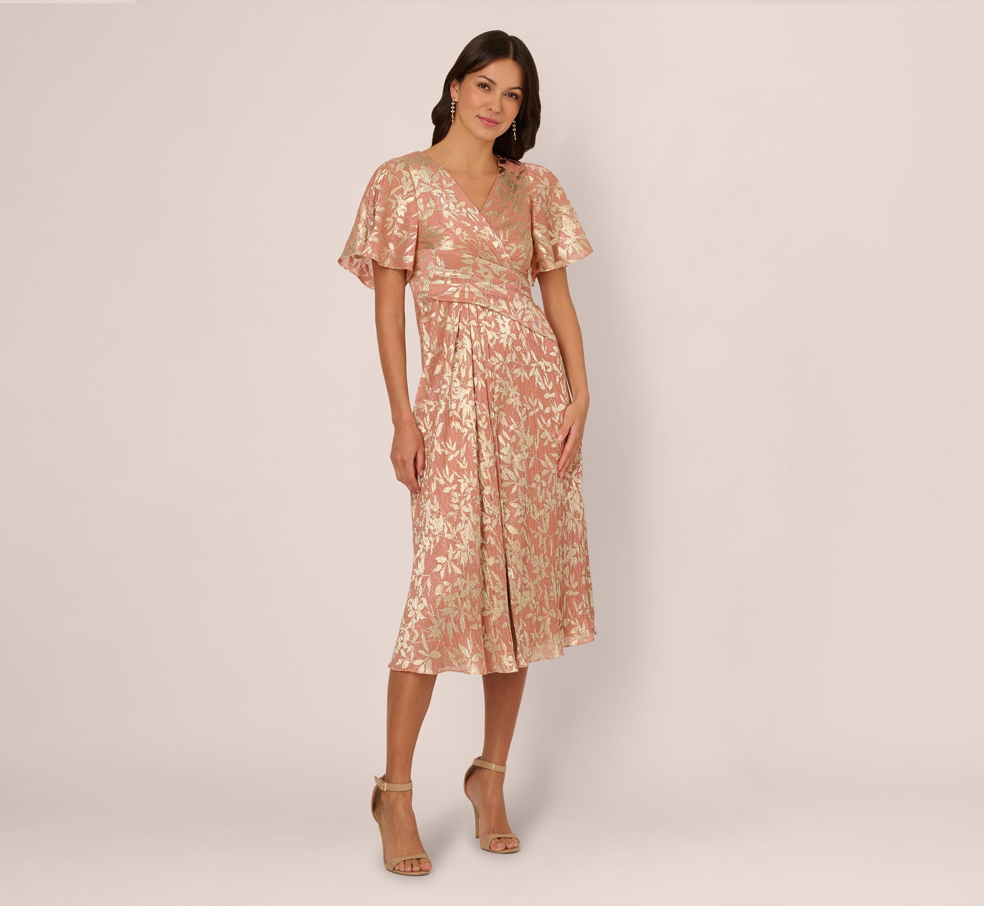 Flutter Sleeve Draped Foil Leaf Midi Dress In Coral Gold