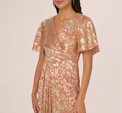 Flutter Sleeve Draped Foil Leaf Midi Dress In Coral Gold