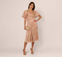 Flutter Sleeve Draped Foil Leaf Midi Dress In Coral Gold