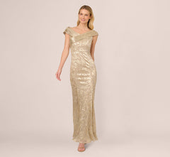 Off Shoulder Foil Leaf Mermaid Gown In Champagne Gold