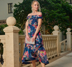 Off Shoulder Floral Organza High Low Dress In Navy Multi