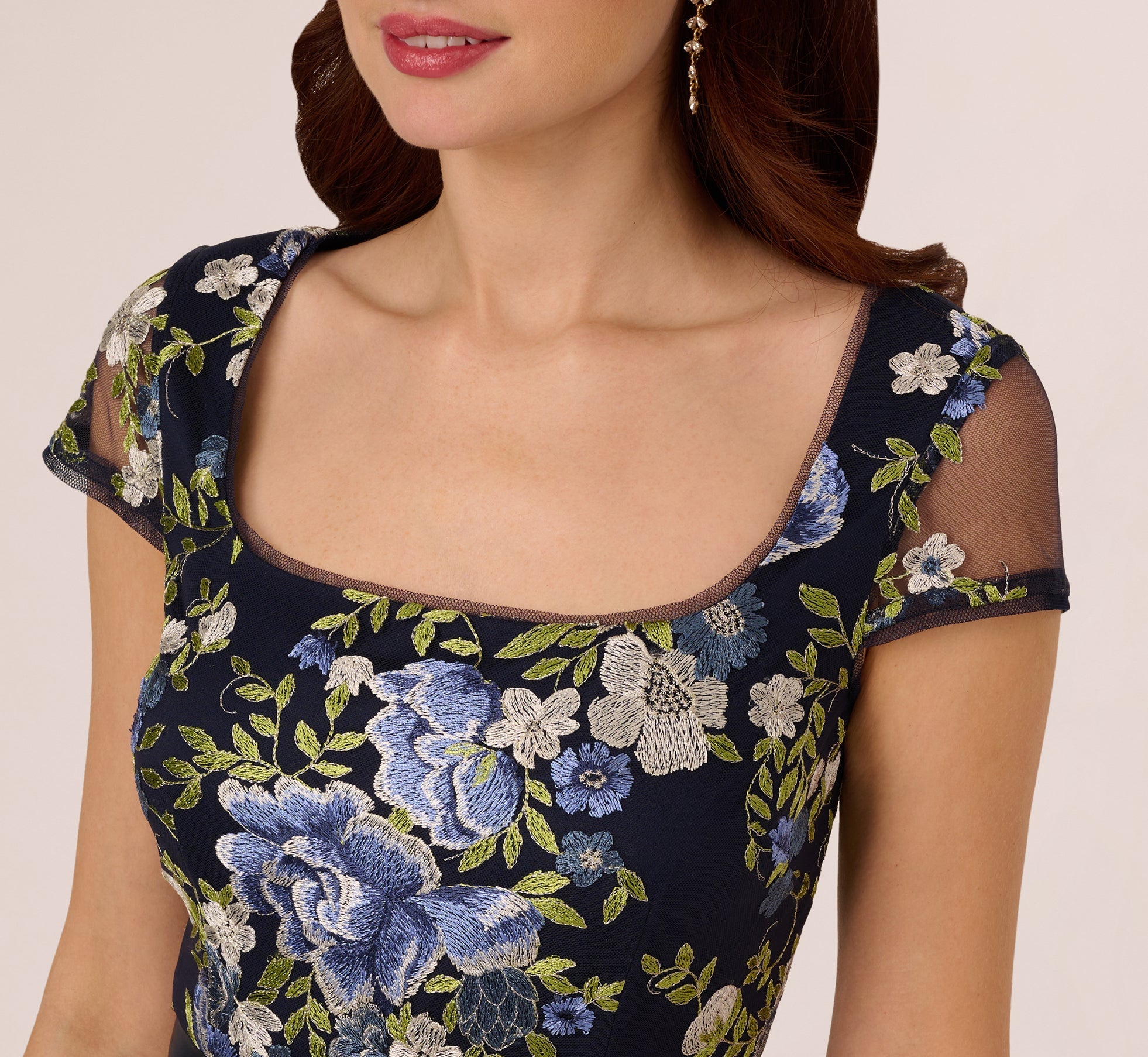 Embroidered Floral Cap Sleeve Column Gown In Navy Multi