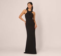Floral Embellished Crossover Halter Gown In Black