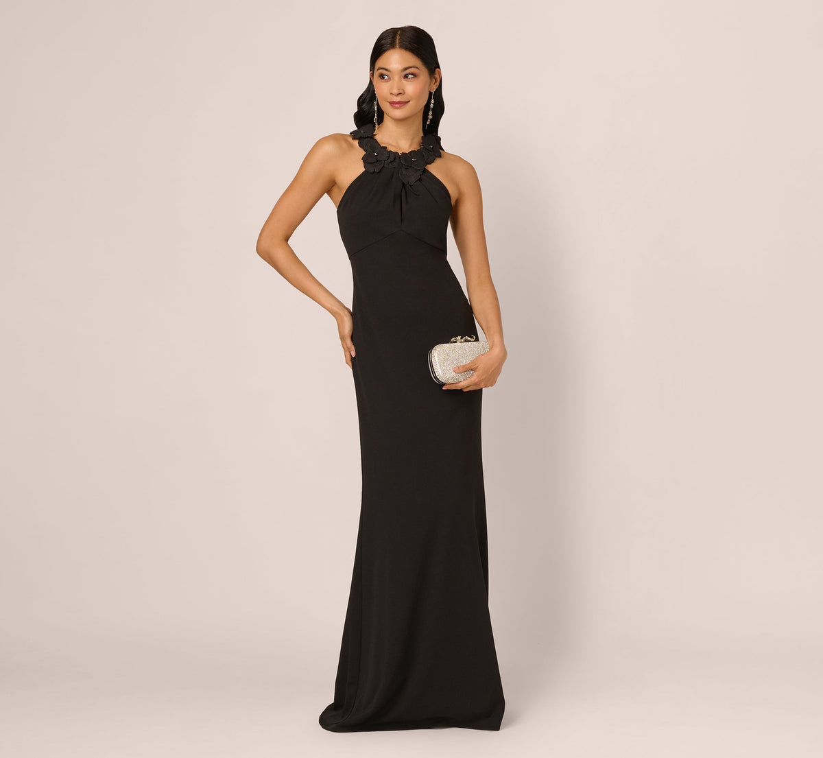 Floral Embellished Crossover Halter Gown In Black