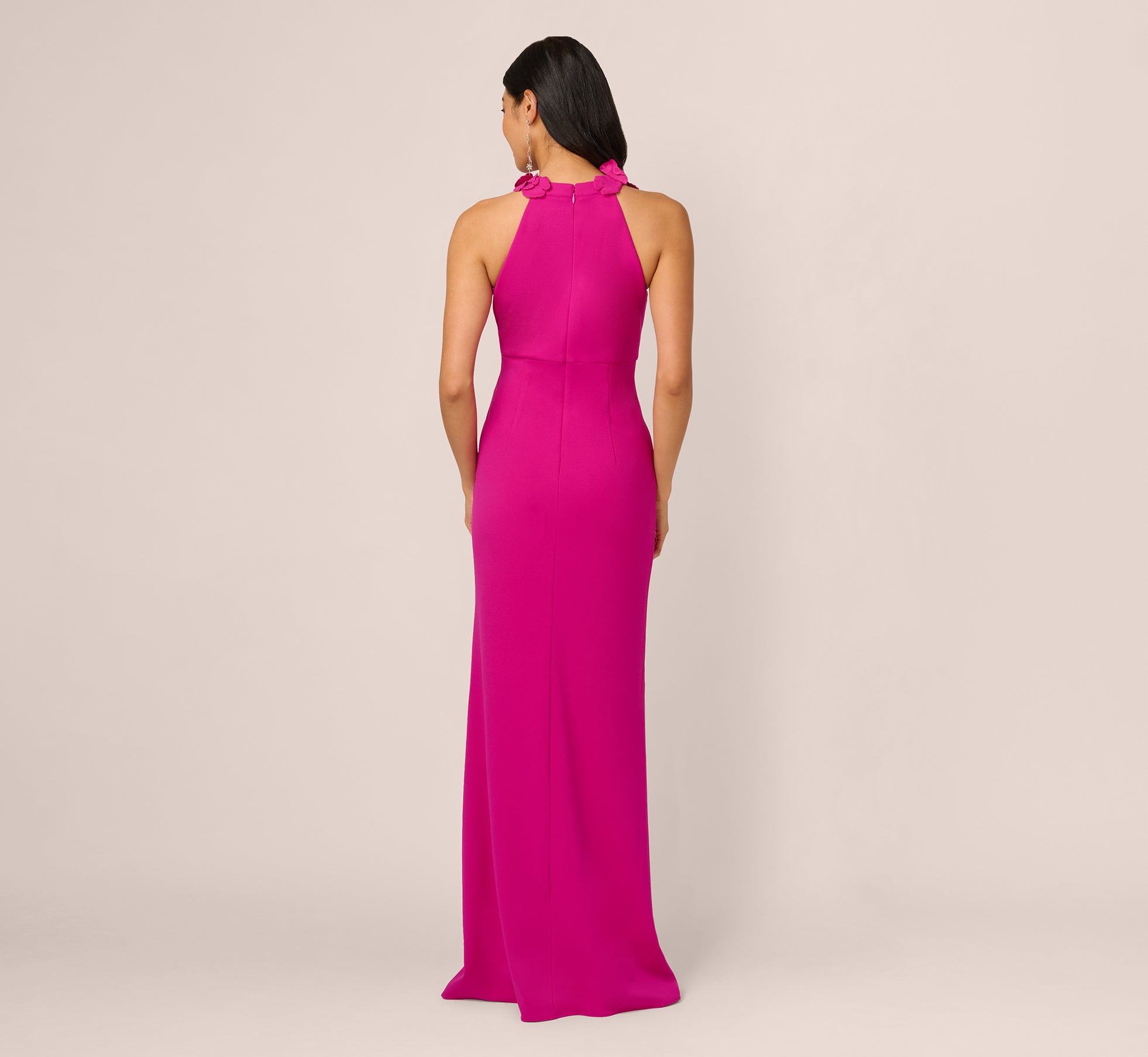 Floral Embellished Crossover Halter Gown In Pink Flambe