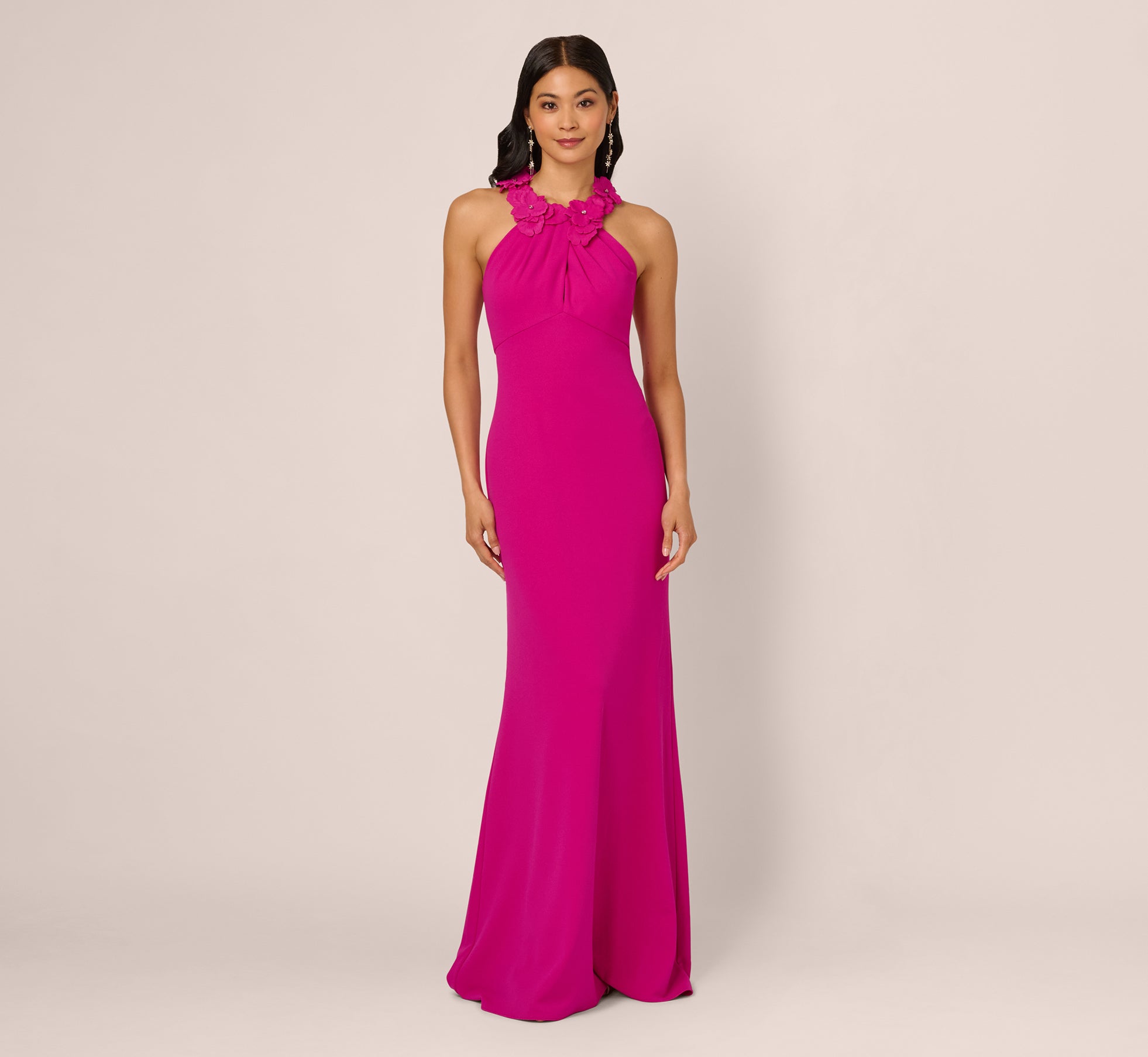 Floral Embellished Crossover Halter Gown In Pink Flambe