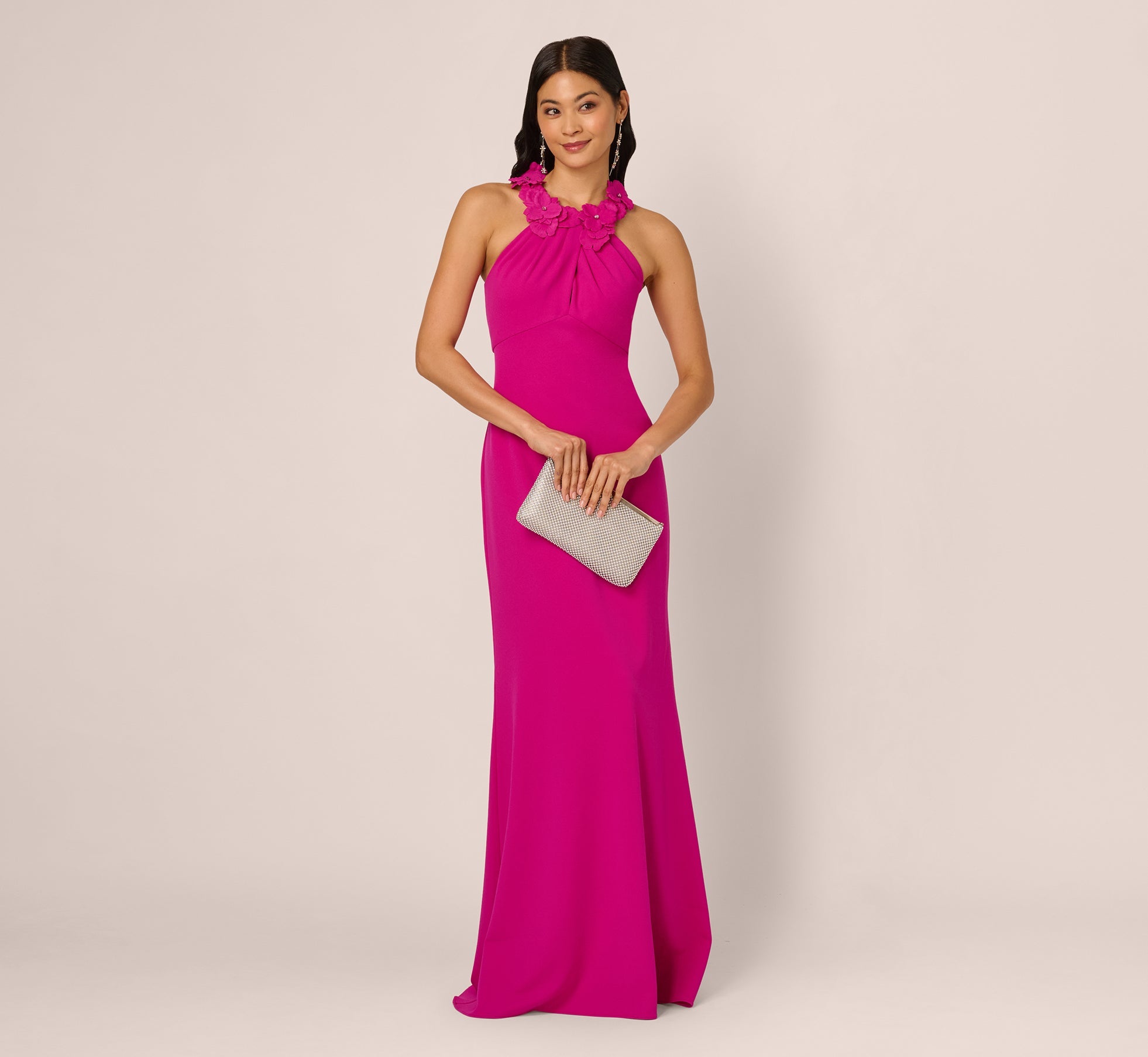 Floral Embellished Crossover Halter Gown In Pink Flambe