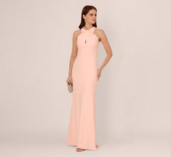 Floral Embellished Crossover Halter Gown In Peach Kiss