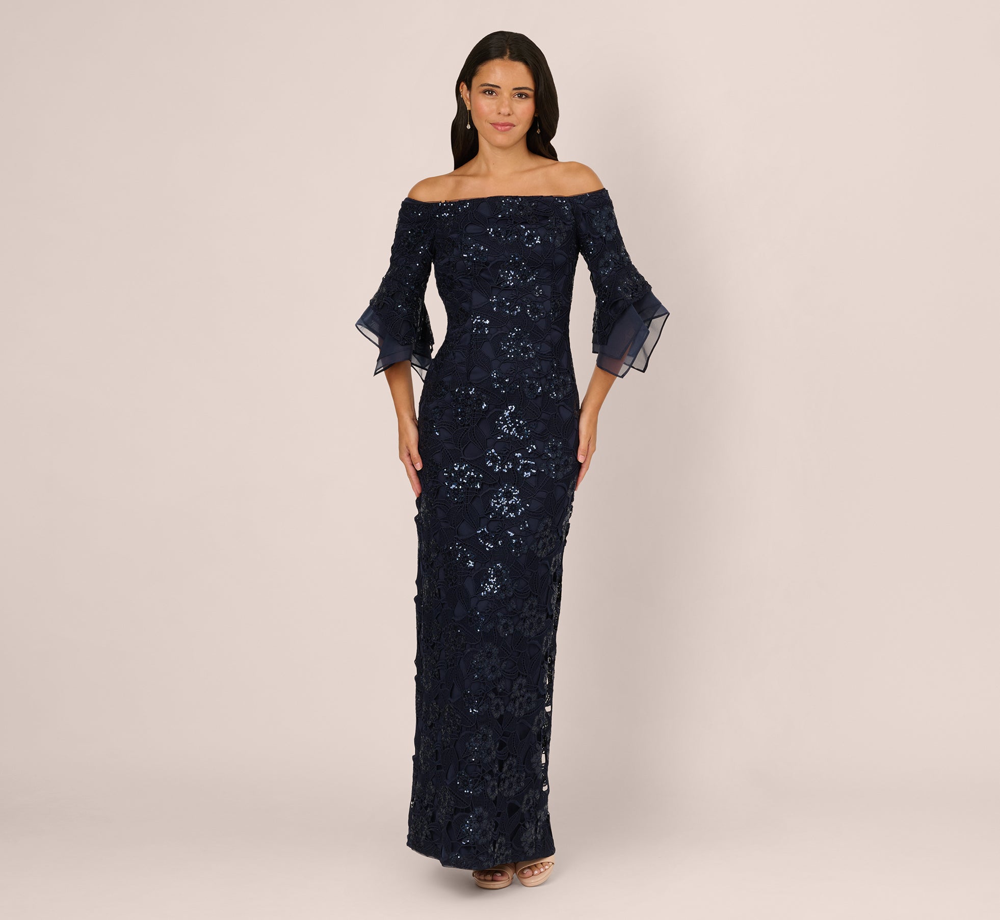 Off Shoulder Bell Sleeve Sequin Lace Gown In Midnight