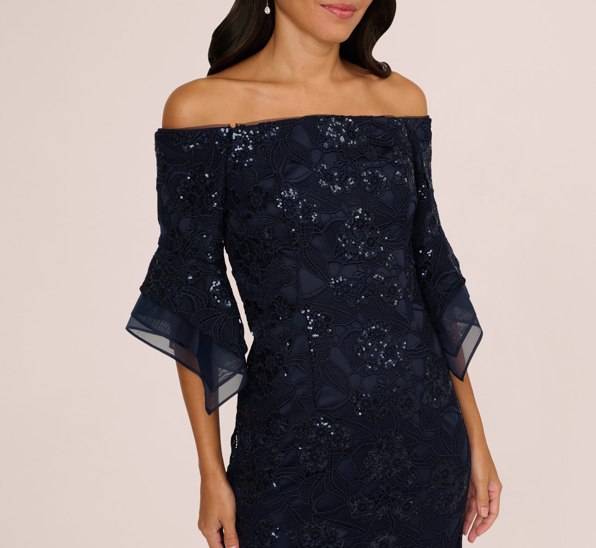 Off Shoulder Bell Sleeve Sequin Lace Gown In Midnight