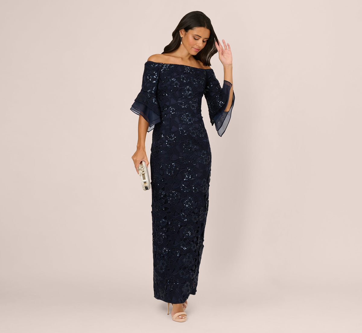 Off Shoulder Bell Sleeve Sequin Lace Gown In Midnight