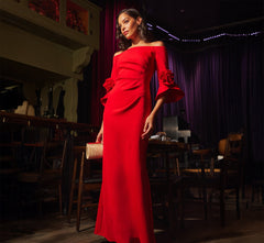 Off Shoulder Bell Sleeve Rosette Gown In Super Red